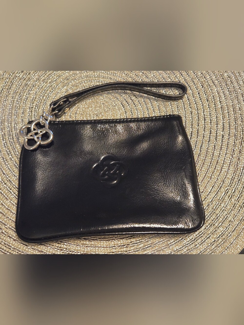 Stella & Dot Black Glazed Leather Emblem Coin Pouch Wristlet Wallet